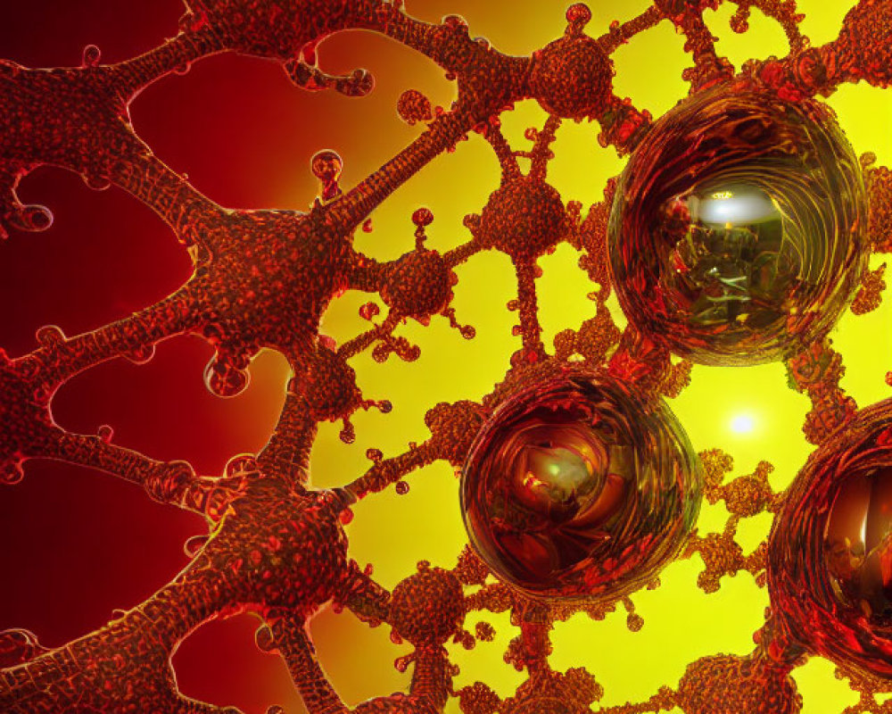 Fractal art with branching structures and reflective spheres on red and yellow gradient.