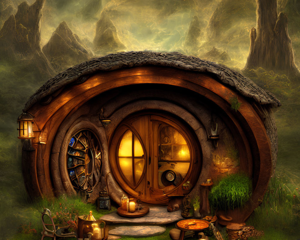Cozy hobbit-style house in mystical mountain landscape