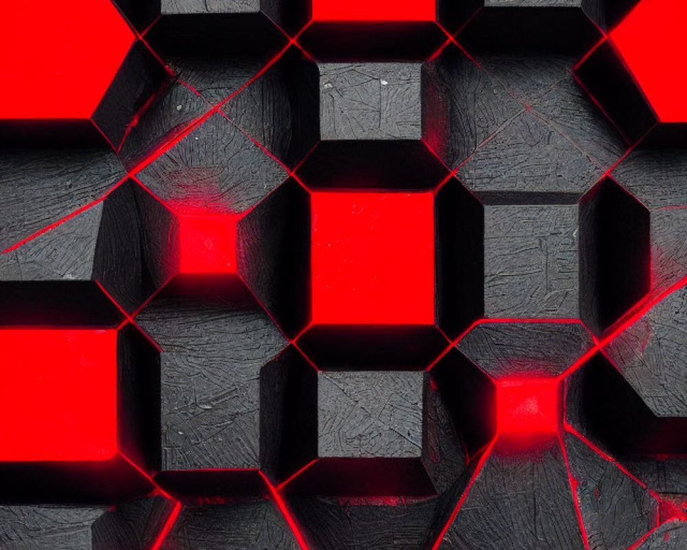Futuristic black cube pattern with red neon lighting