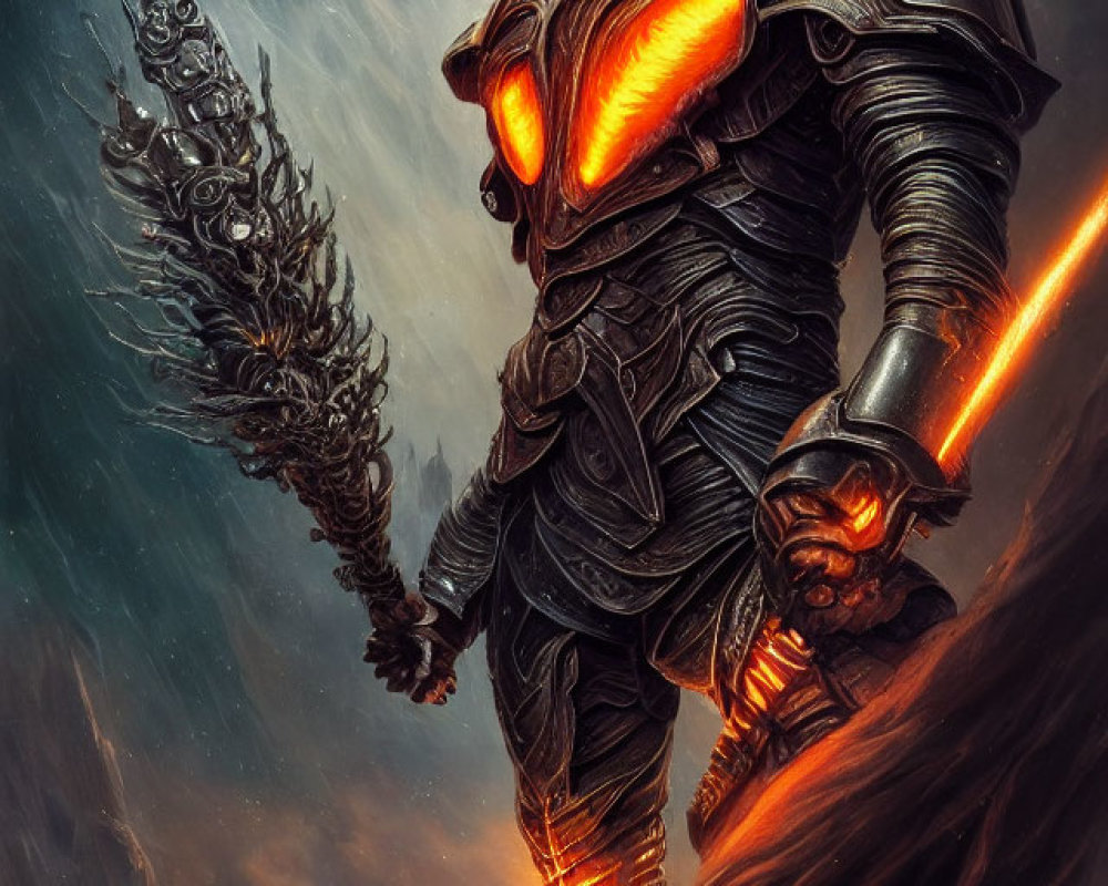 Armored knight with glowing mace in dark landscape