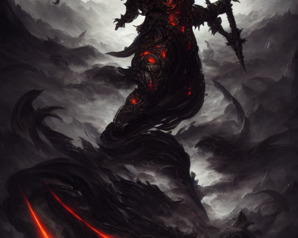Dark fantasy art: Armored figure with glowing red sword in misty mountain scene