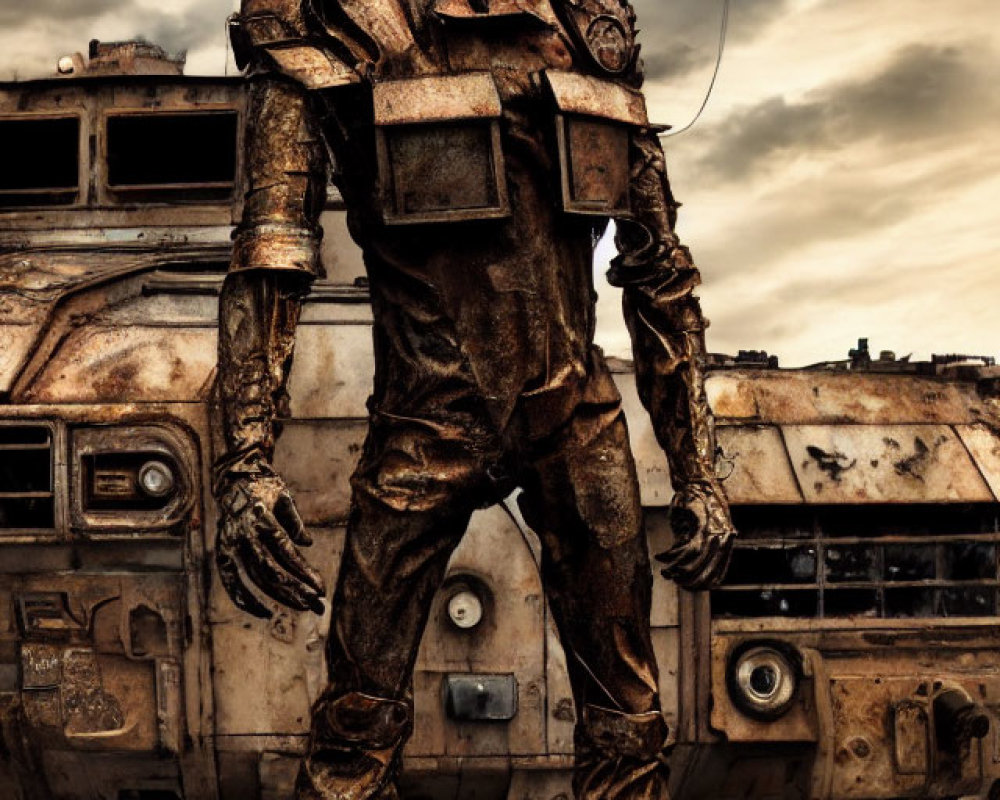 Distressed person in rusty robotic suit near decrepit bus under dramatic sky
