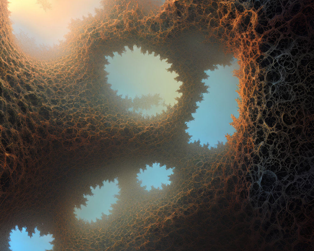 Fractal graphic with warm and cool lace-like patterns in organic cellular structures.