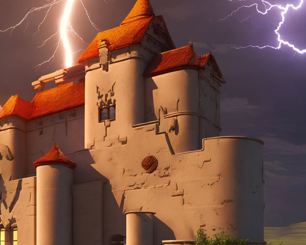 Twilight castle illustration with stormy skies and lightning bolts