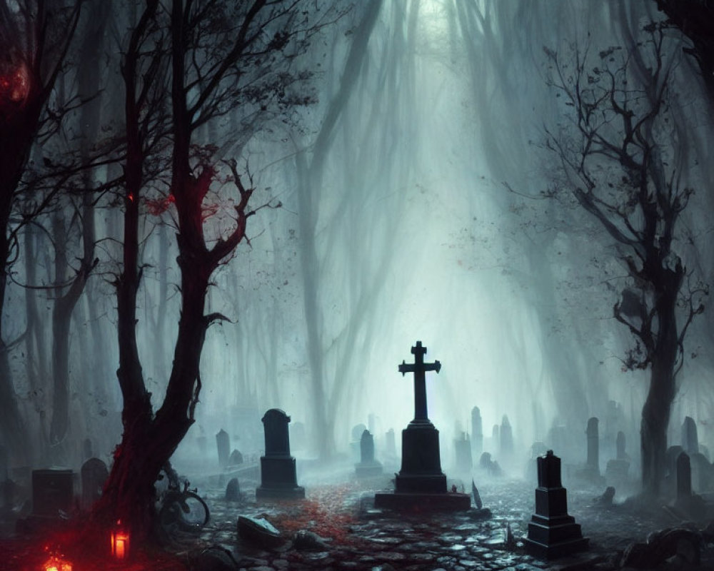 Foggy graveyard at night with cross, tombstones, eerie trees, and red candles