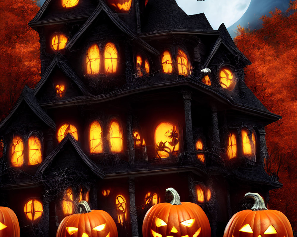 Eerie Halloween-themed image with haunted house, jack-o'-lanterns, full moon, bats