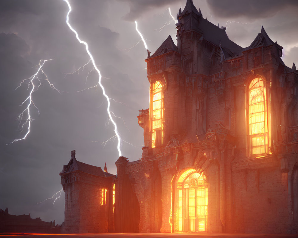 Gothic-style castle illuminated in stormy lightning.