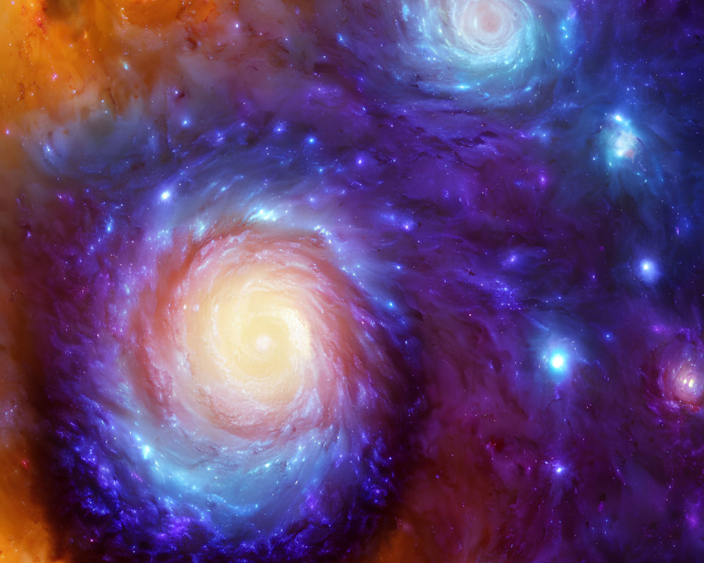 Colorful swirling galaxies in orange, yellow, purple, and blue on dark cosmic background