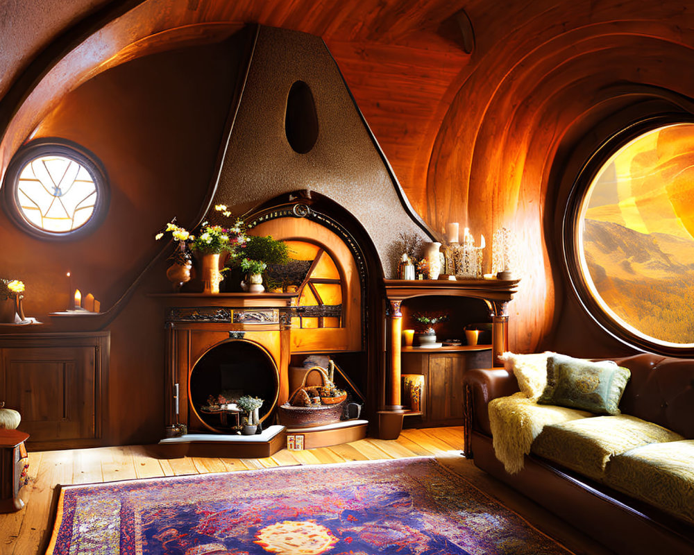 Cozy hobbit-inspired room with round door, fireplace, wooden interiors, plush couch, and colorful