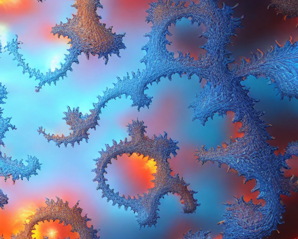 Vivid fractal image with fiery orange and cool blue tones depicting intricate branching patterns