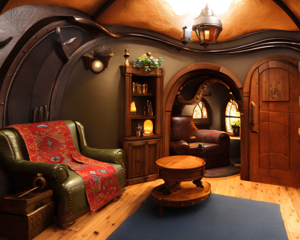Rustic hobbit-style interior with round doors and wooden furniture
