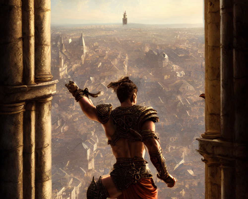 Ancient warrior in traditional attire gazes at sunlit historical cityscape.