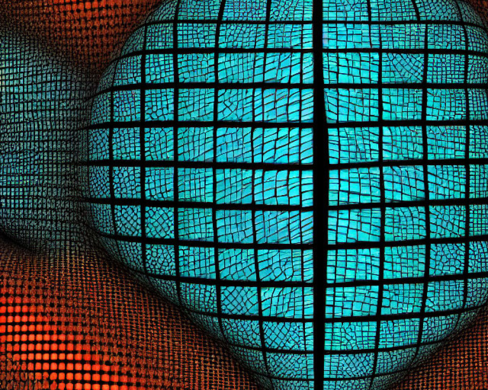 Vibrant blue grid sphere in orange mesh: Abstract digital art
