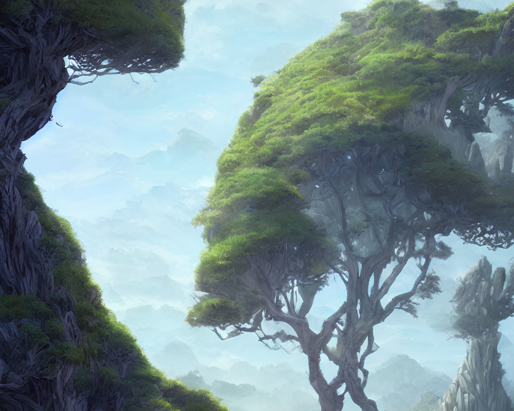 Majestic fantasy landscape with towering rocks and oversized trees