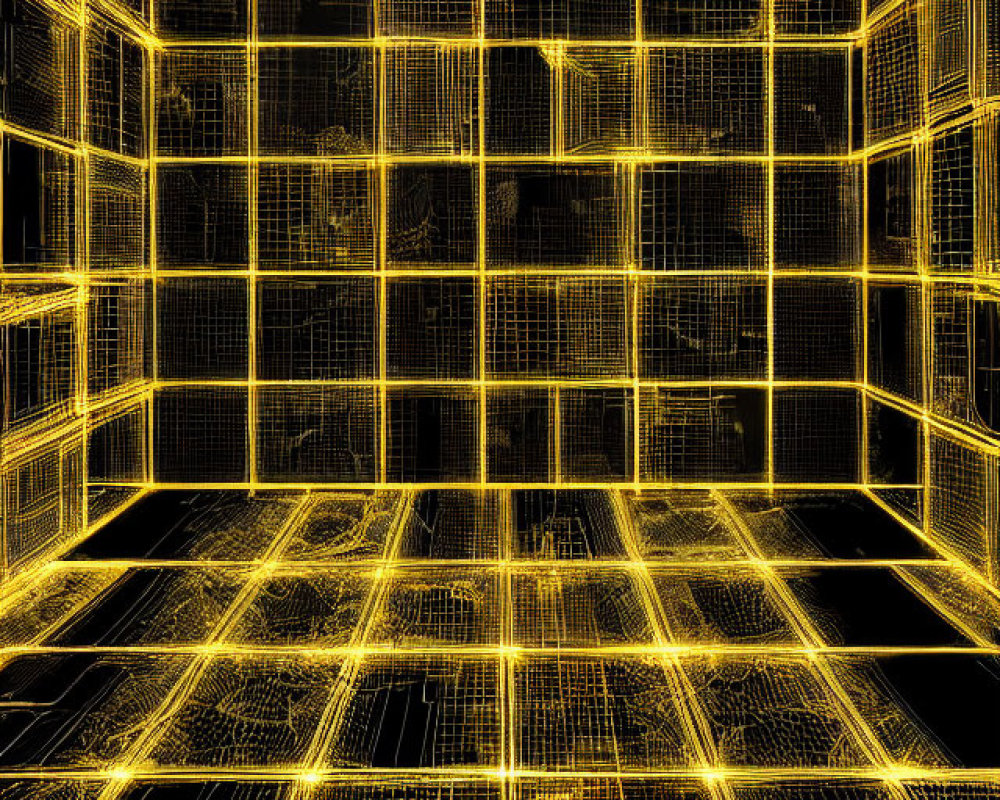 Neon yellow lined 3D lattice structure on black background