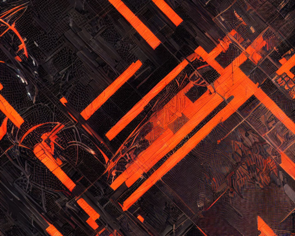Intricate Black and Orange Abstract Digital Art with Chaotic Patterns