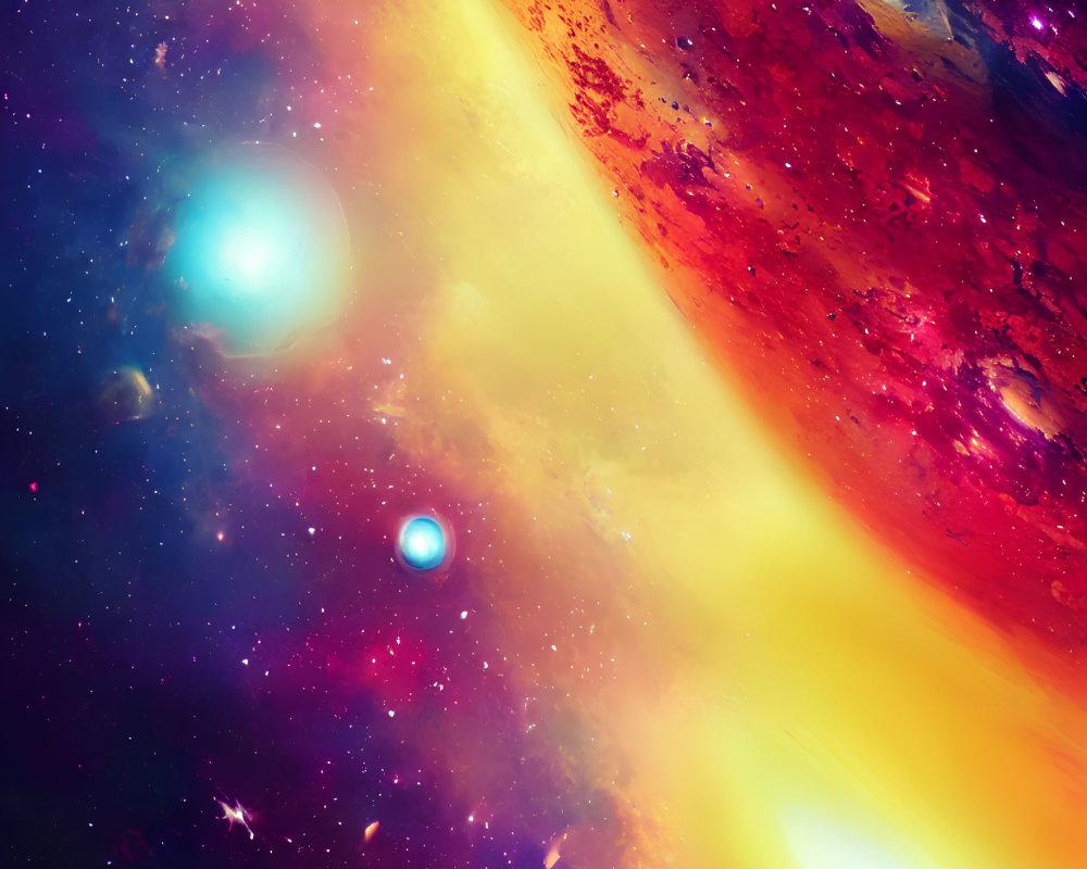 Colorful cosmic scene with glowing planet and stars in blue, red, and yellow