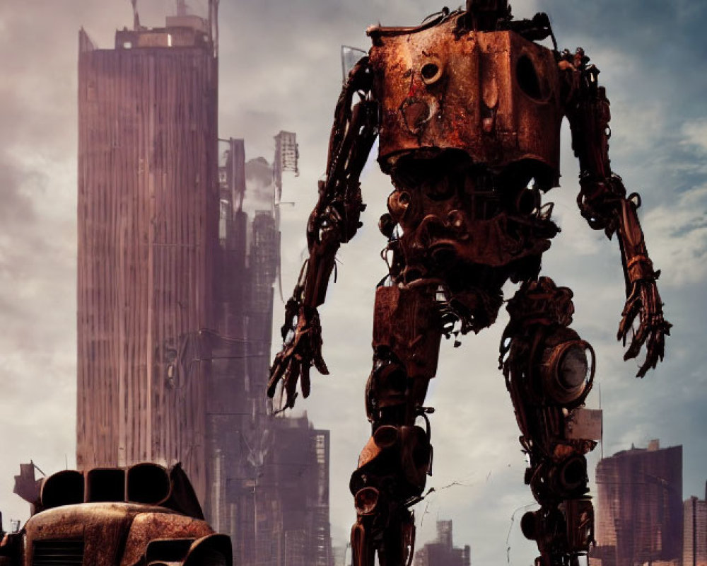 Rusty humanoid robot in desolate cityscape with crumbling buildings
