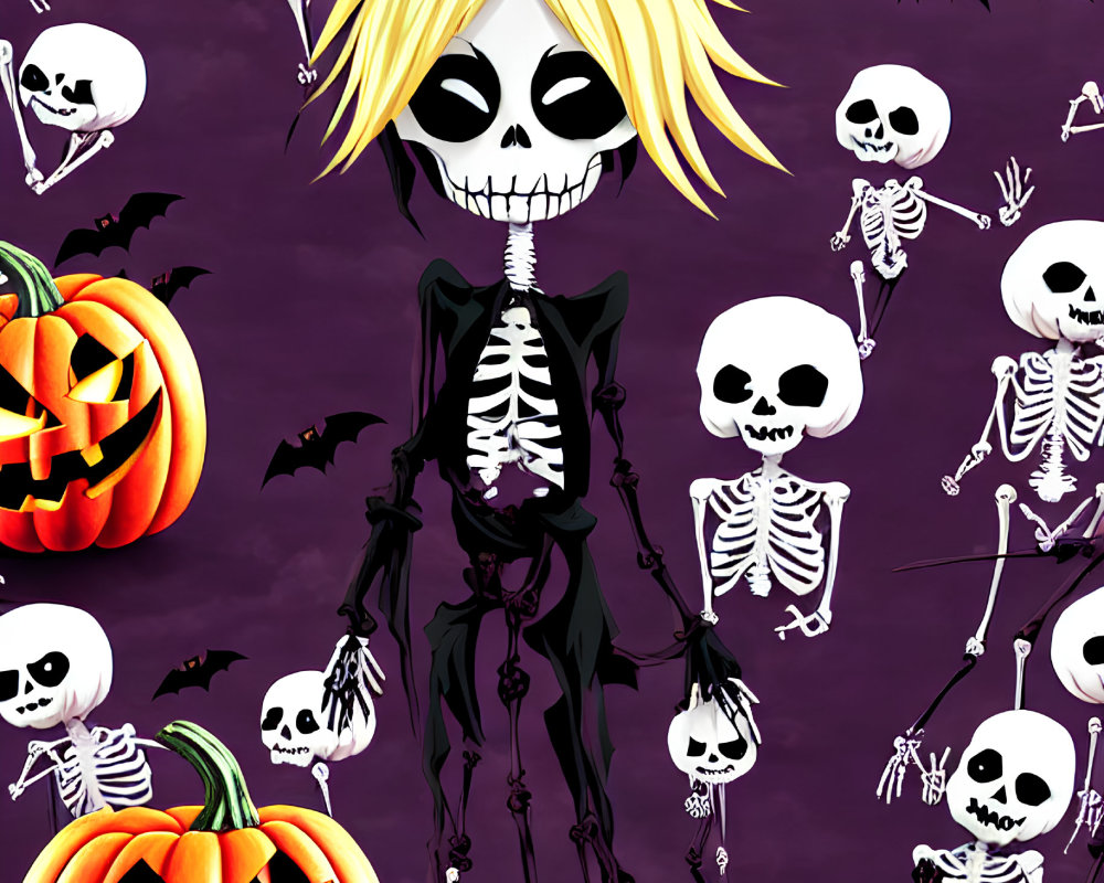Yellow-haired animated skeleton on purple background with bats, jack-o'-lanterns, and dancing skeletons