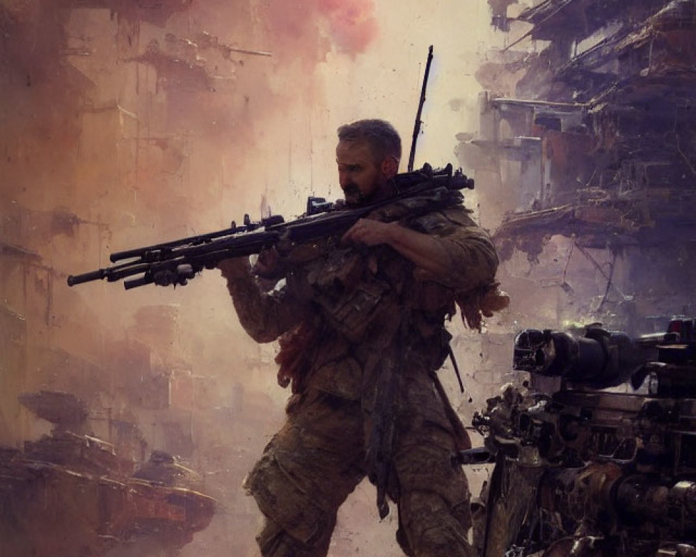 Bearded soldier with sniper rifle in war-torn setting