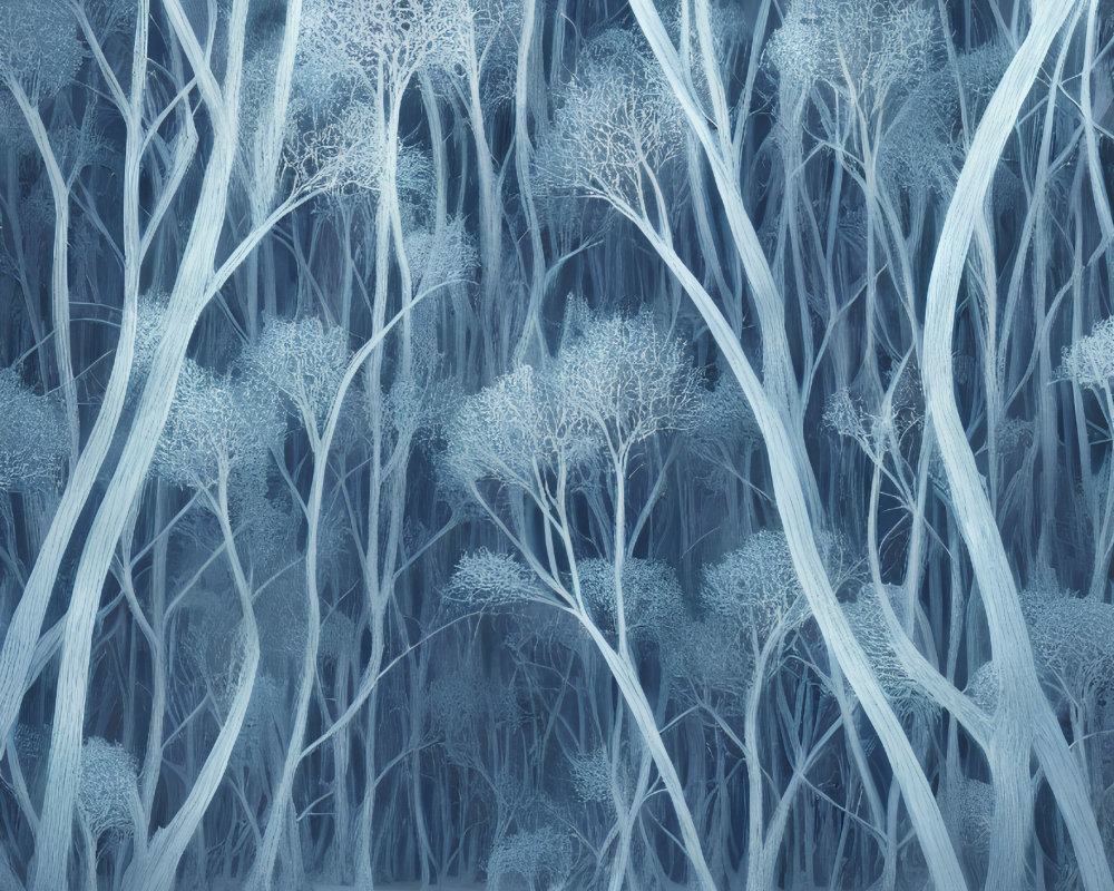 Snowy forest with frost-covered trees and blue lighting