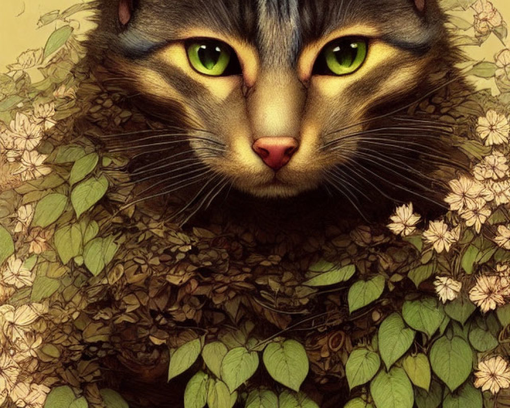 Detailed cat illustration with green eyes, fur patterns, green leaves, white flowers on yellow backdrop