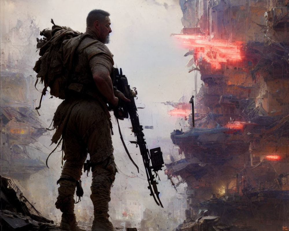 Dystopian cityscape with soldier and rifle amid red laser beams
