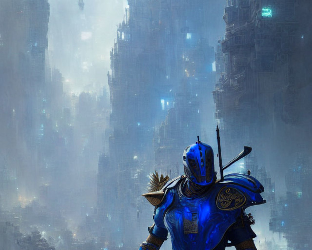 Ornate blue armored warrior in futuristic cityscape.