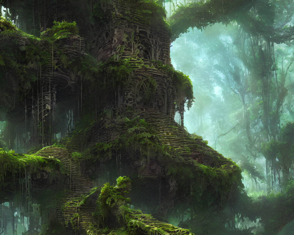 Misty forest with ancient ruins and lush greenery
