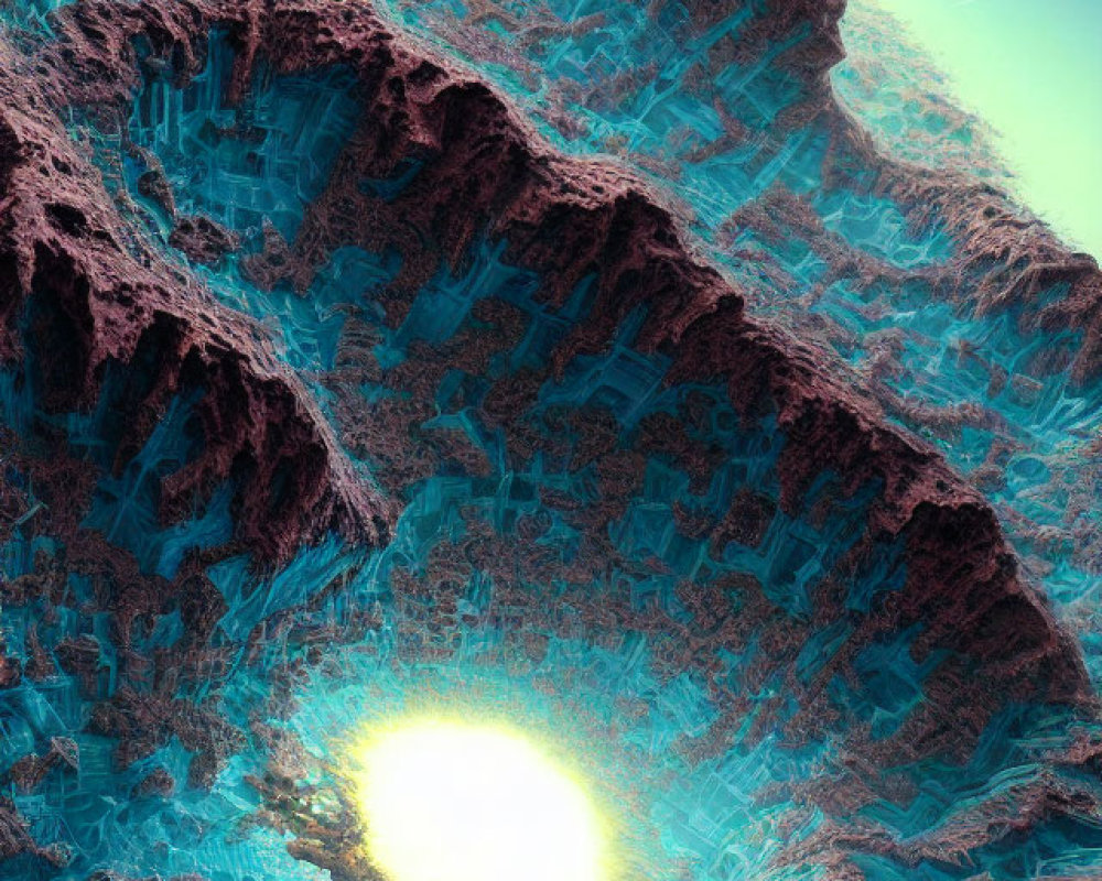 Glowing orb in cavernous landscape with teal crystals and burgundy textures
