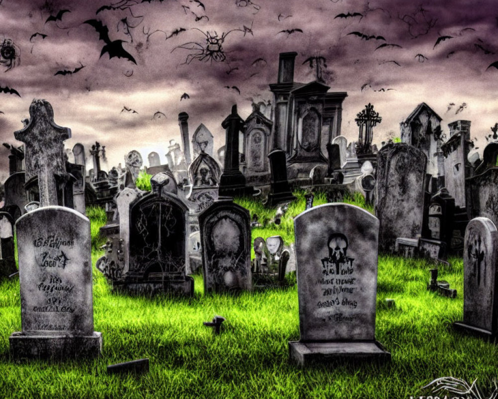 Spooky graveyard scene with tombstones, purple skies, bats, and Halloween decorations