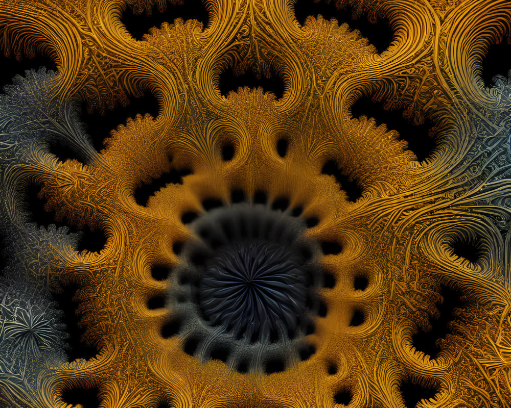 Intricate Yellow Fractal Patterns on Black Background