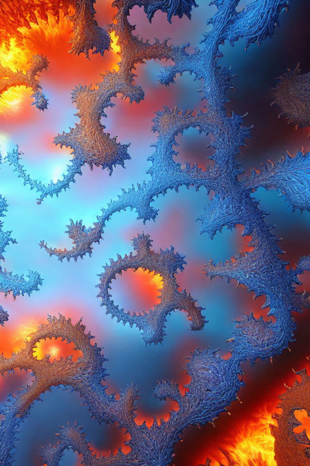 Vivid fractal image with fiery orange and cool blue tones depicting intricate branching patterns