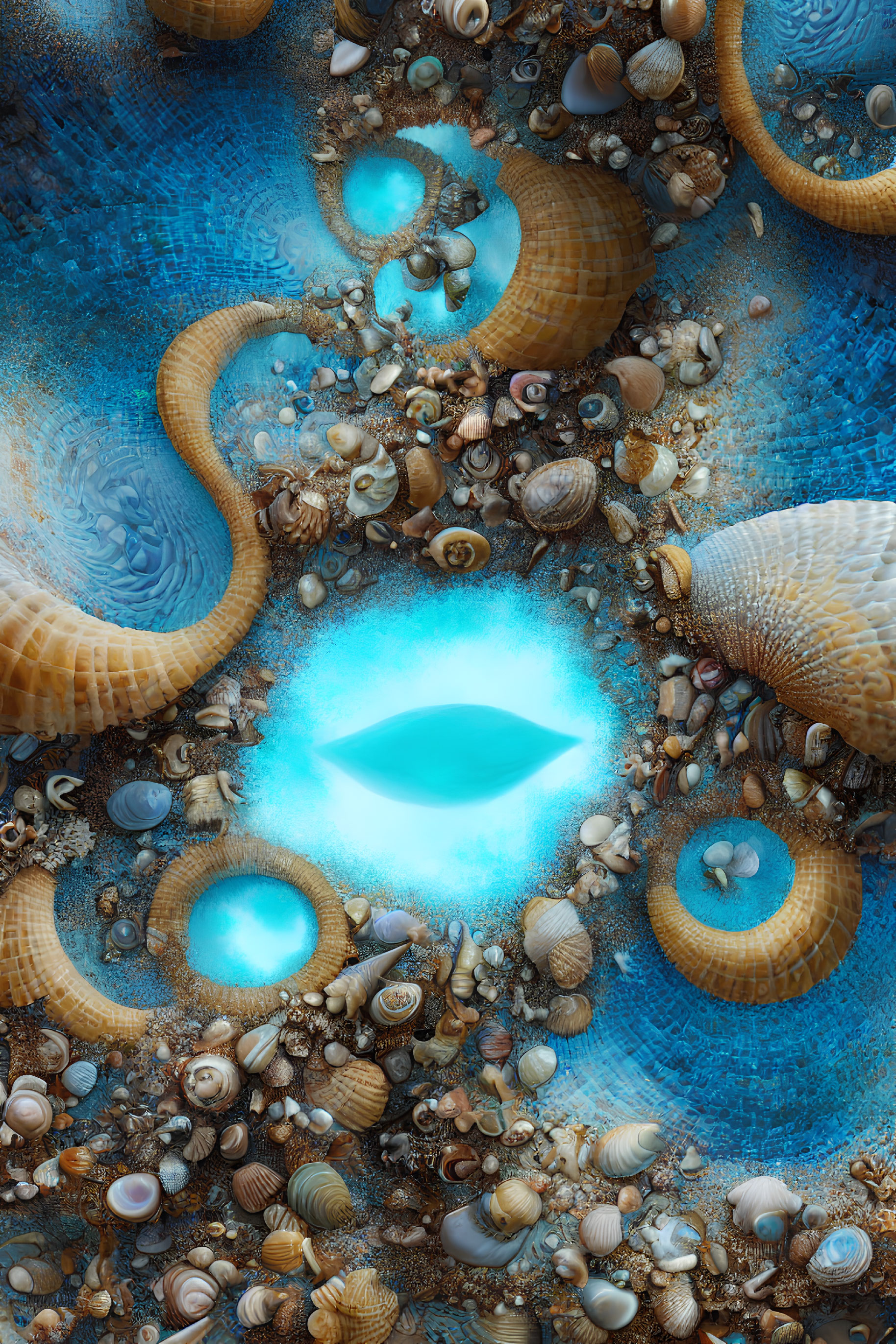 Abstract oceanic digital artwork: seashells and blue spirals.