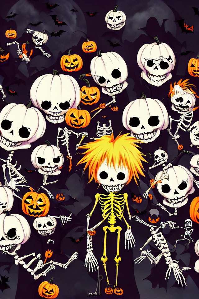 Cartoon skeletons and jack-o'-lanterns in Halloween illustration