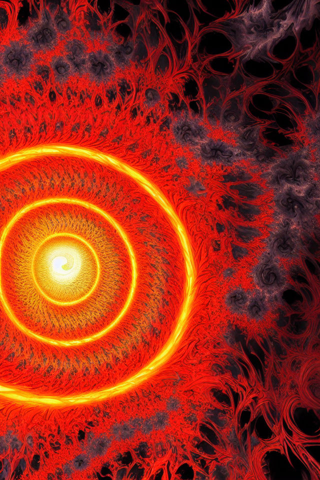Fiery red and orange eye fractal with intricate flame patterns