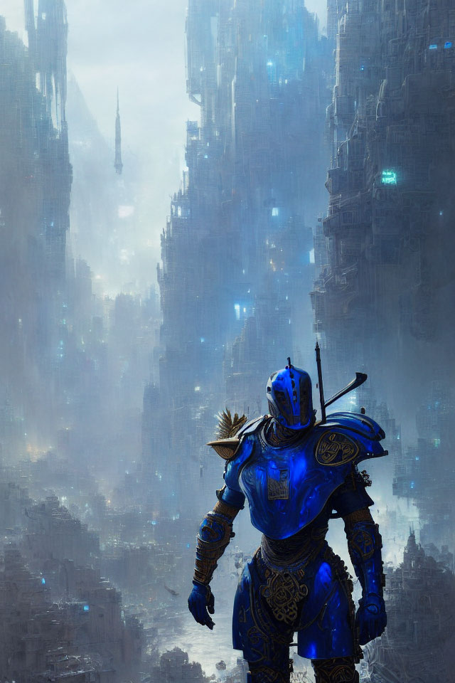 Ornate blue armored warrior in futuristic cityscape.