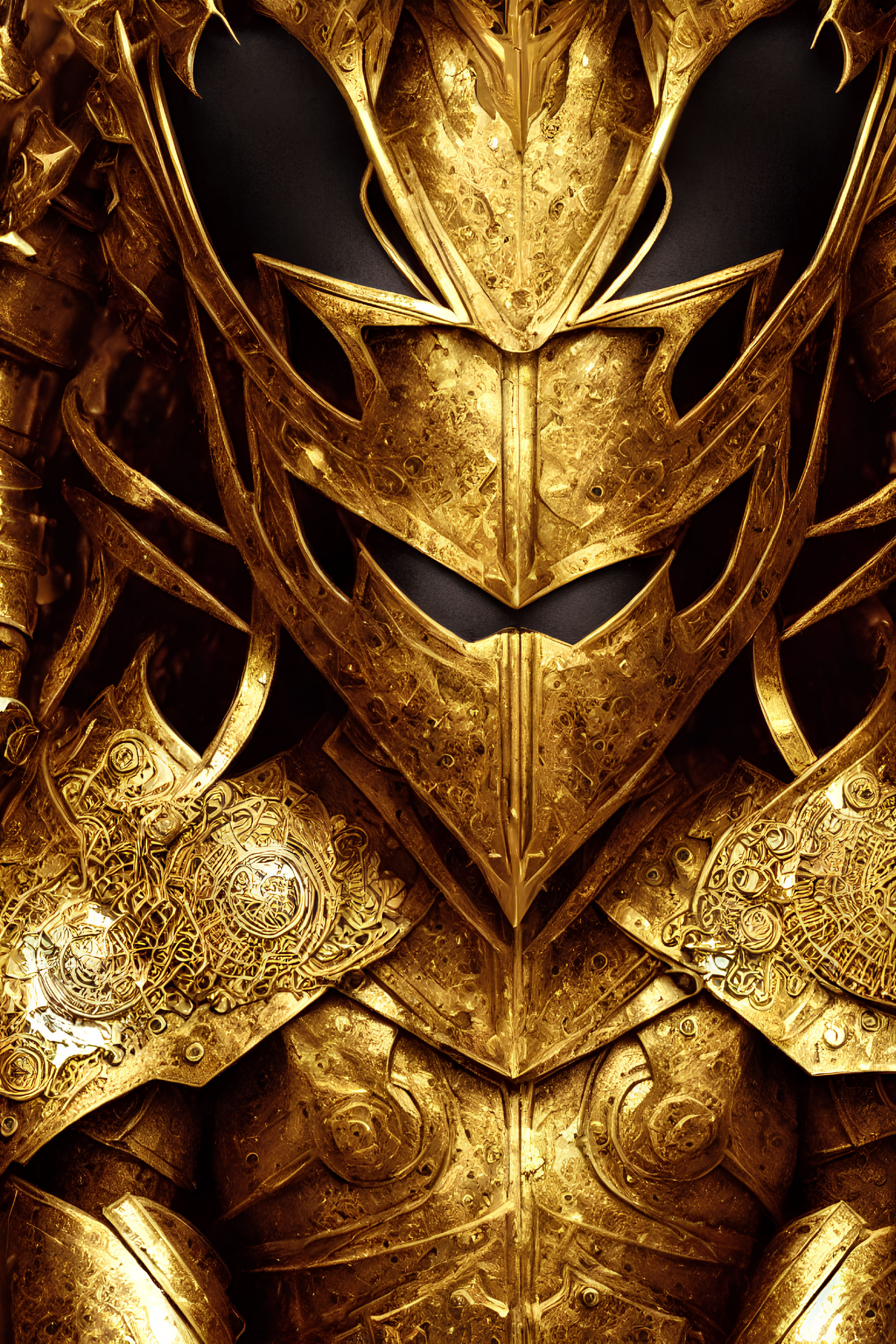 Detailed Golden Armor with Intricate Designs and Menacing Helmet