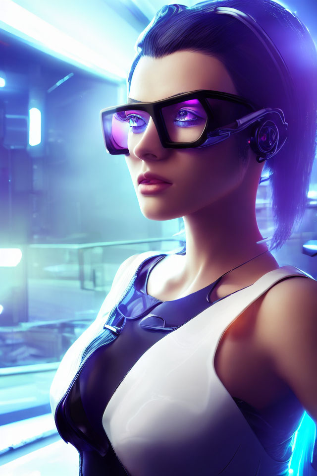 Futuristic Woman in Purple Glasses in Cyberpunk Setting
