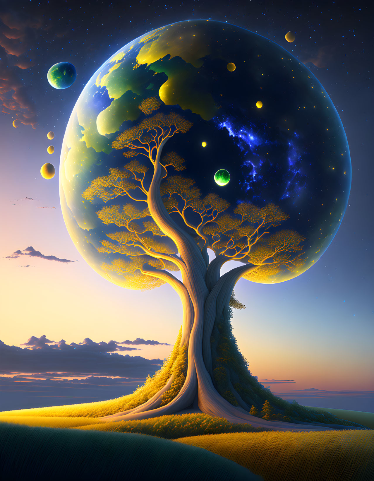 Surreal landscape with giant luminous tree and floating orbs at night
