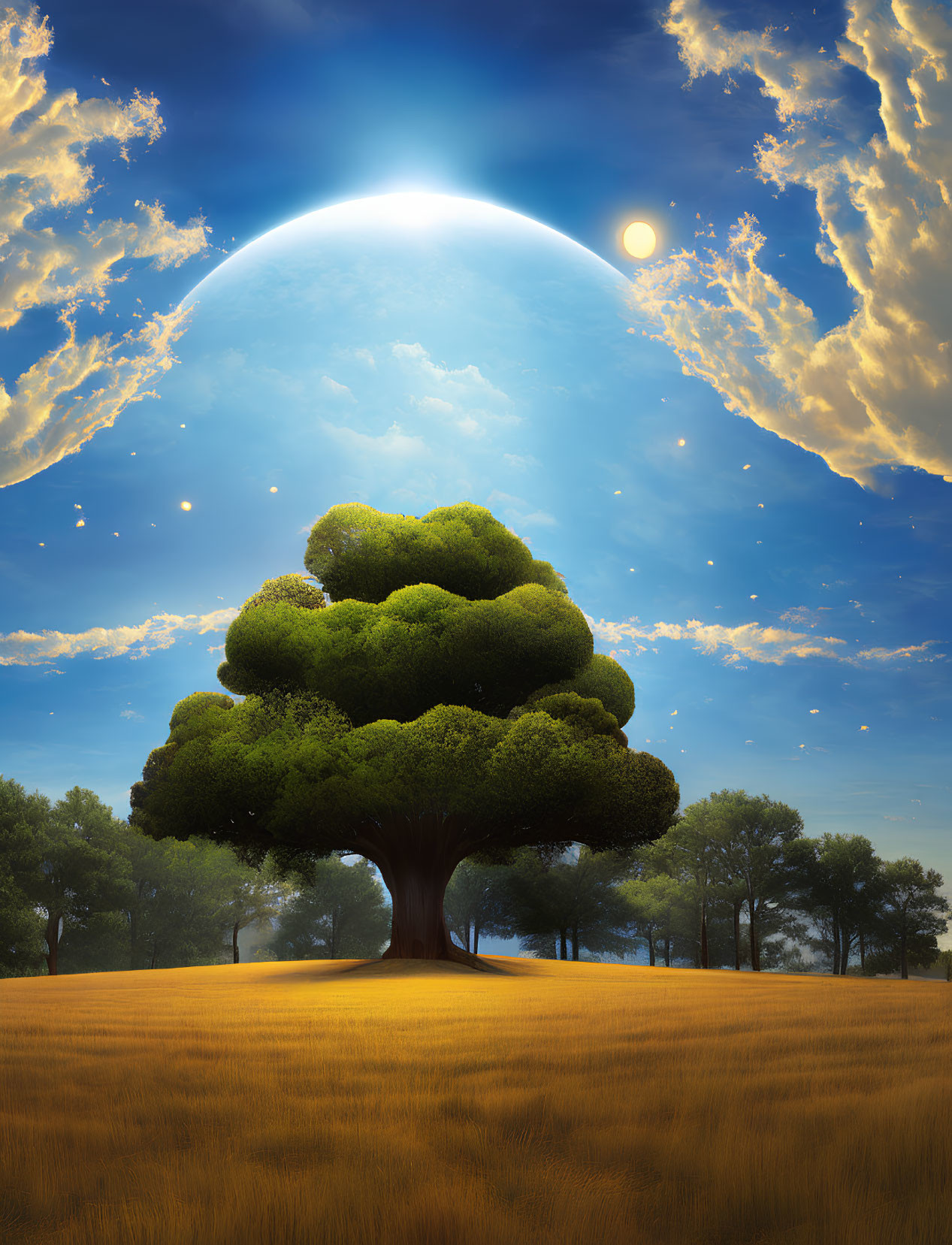 Vibrant green tree in golden field under surreal sky with glowing moon and firefly-like lights
