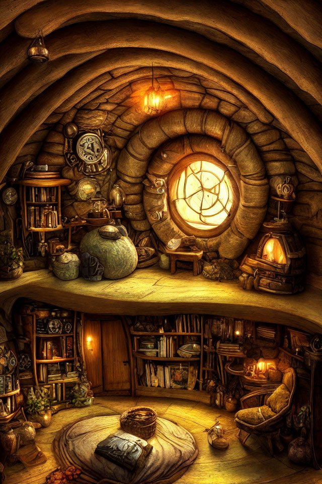 Fantasy-themed interior with round door, warm lighting, books, hearth, and eclectic furnishings