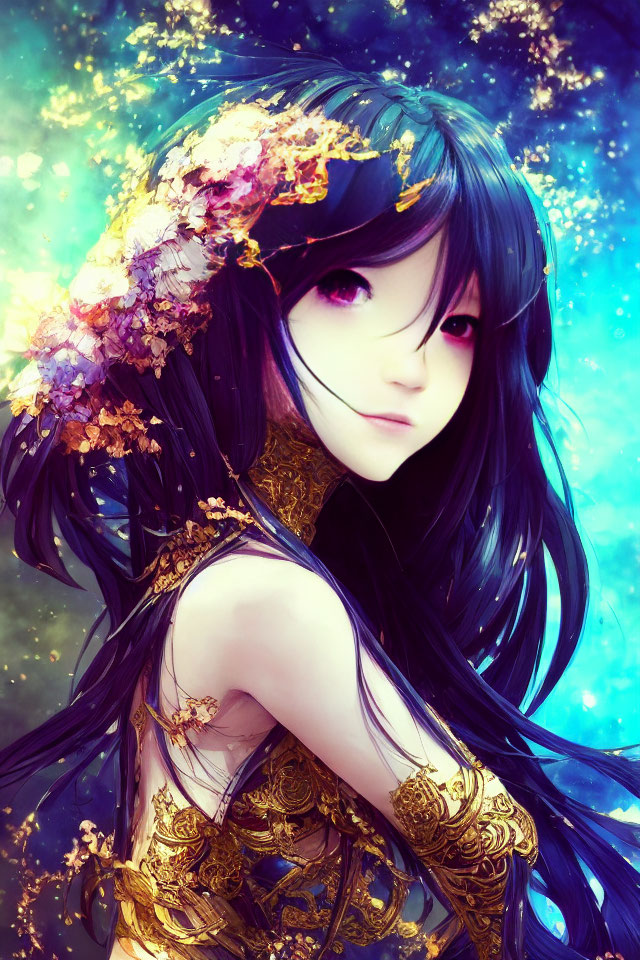 Illustrated female character with long black hair and crimson eye in ornate golden headdress on starry