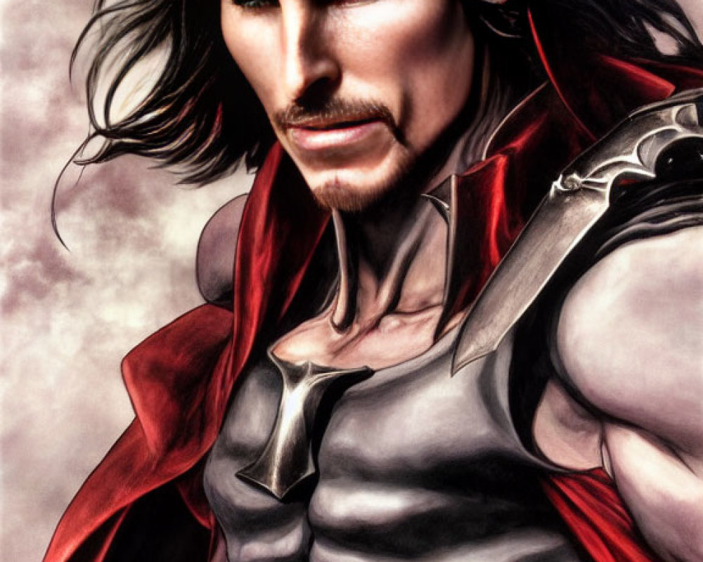 Fantasy male character with long black hair, green eyes, scars, armor, and red cape