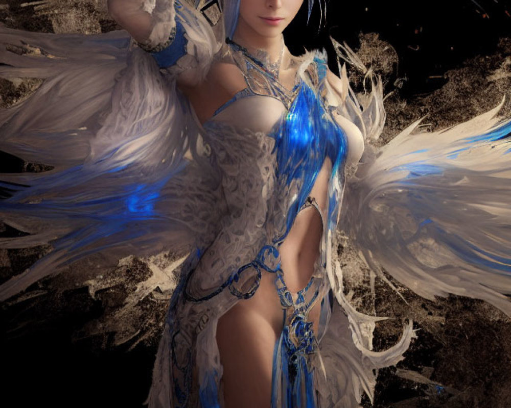 Ethereal woman with blue hair and feathered wings in blue and white outfit.