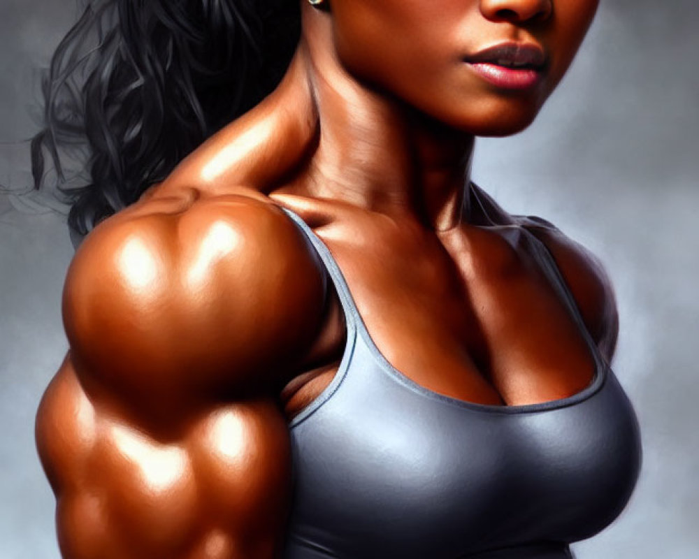 Muscular Woman in Gray Sports Top with Defined Biceps and Shoulders