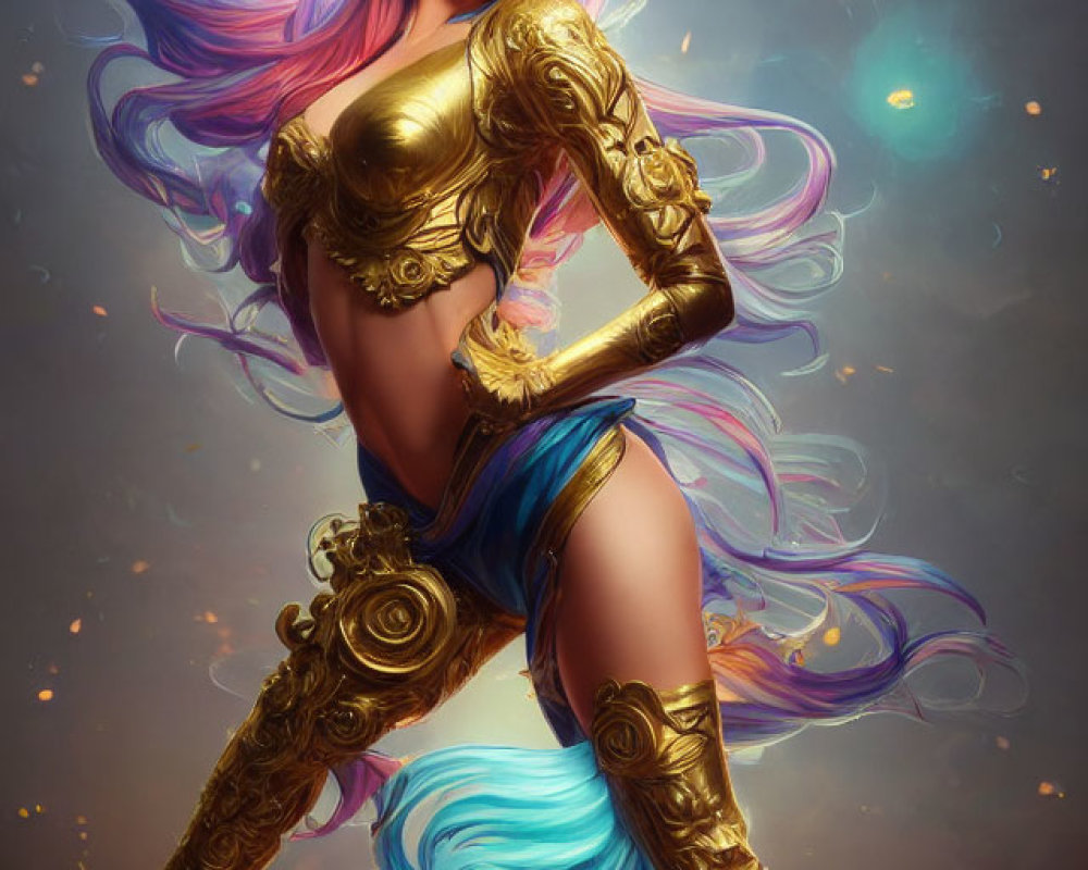 Stylized female warrior with blue hair and golden armor