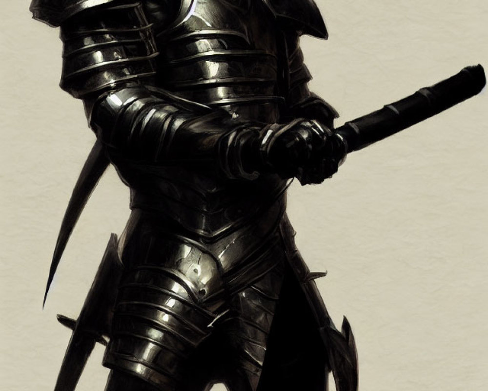 Dark-toned knight in full plate armor with baton weapon on parchment-like background