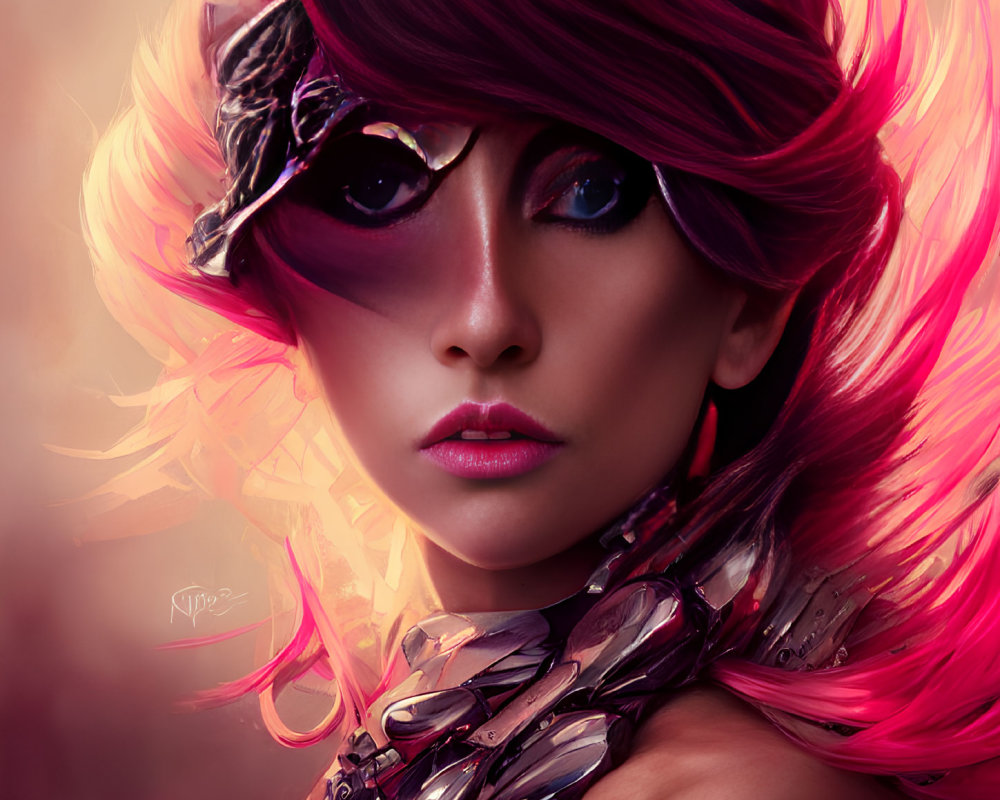 Digital artwork: Woman with pink hair, feathers, metallic armor, and heart eyepatch