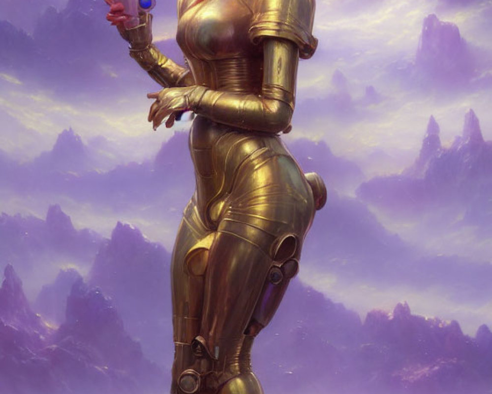 Futuristic digital artwork of woman in golden armor with blue vial, fantasy landscape & purple skies